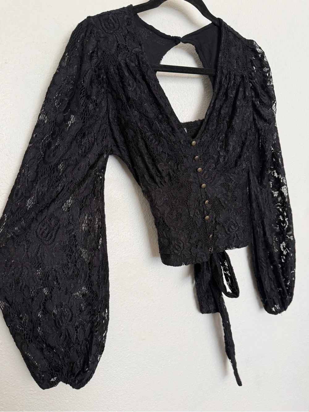 By Anthropologie Balloon-Sleeve Black Lace Tie Waist Blouse Size XS